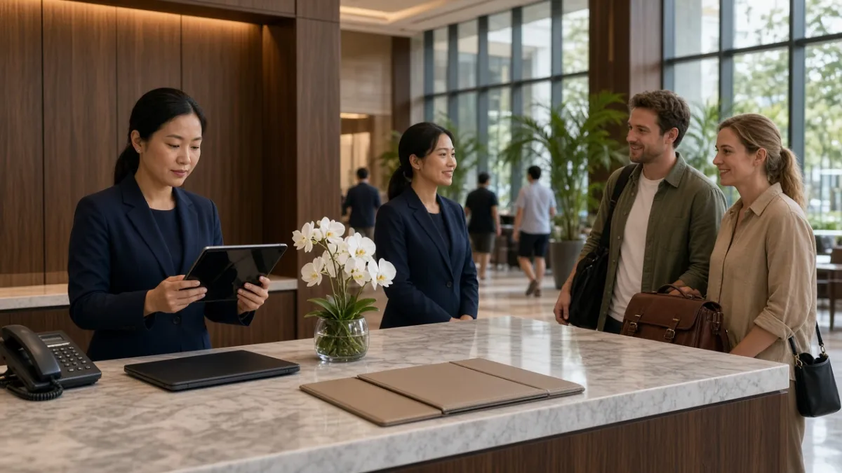 Nhân viên concierge khách sạn cao cấp tại Đà Nẵng điều phối yêu cầu khách qua máy tính bảng tại quầy lễ tân.