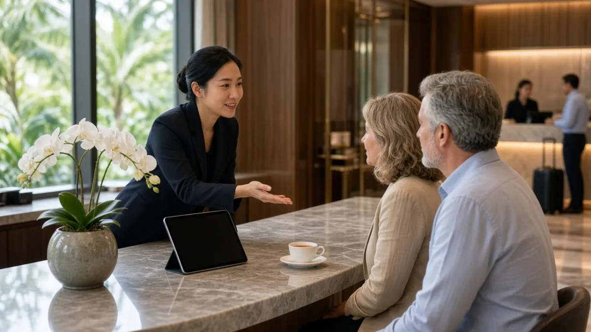 Nhân viên concierge khách sạn cao cấp tại Đà Nẵng tư vấn thân thiện cho khách, bàn có máy tính bảng tắt màn hình.