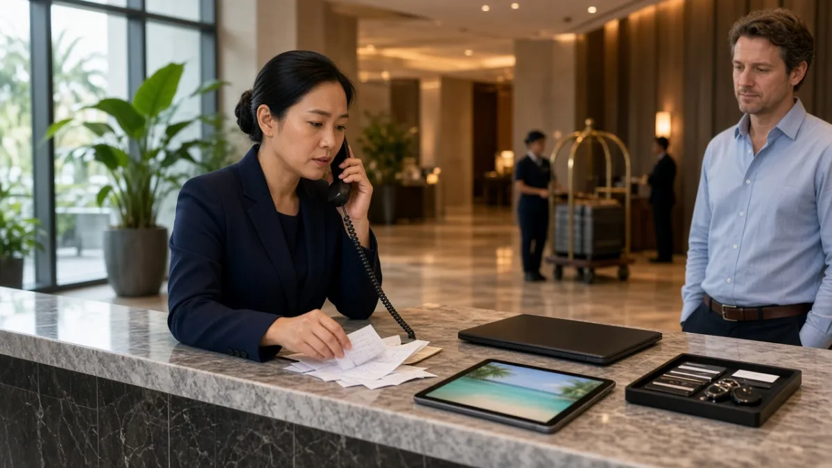 Nhân viên concierge tại quầy lễ tân khách sạn cao cấp đang xử lý đồng thời nhiều yêu cầu của khách.