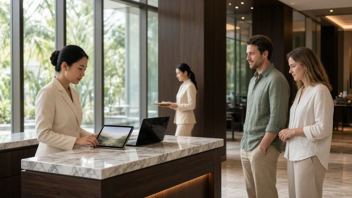 Nhân viên lễ tân khách sạn cao cấp tại quầy concierge điều phối yêu cầu khách qua máy tính bảng.