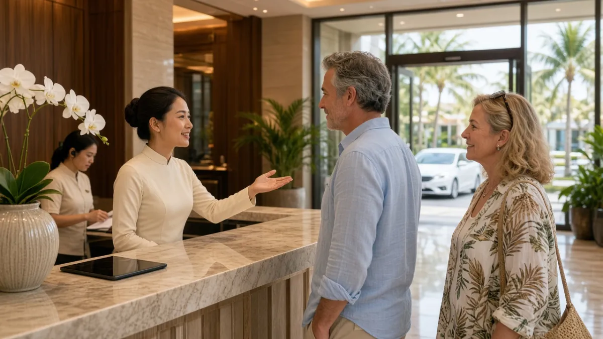 Nhân viên lễ tân concierge khách sạn cao cấp Việt Nam hỗ trợ khách quốc tế, phối hợp vận hành chuyên nghiệp tại quầy.