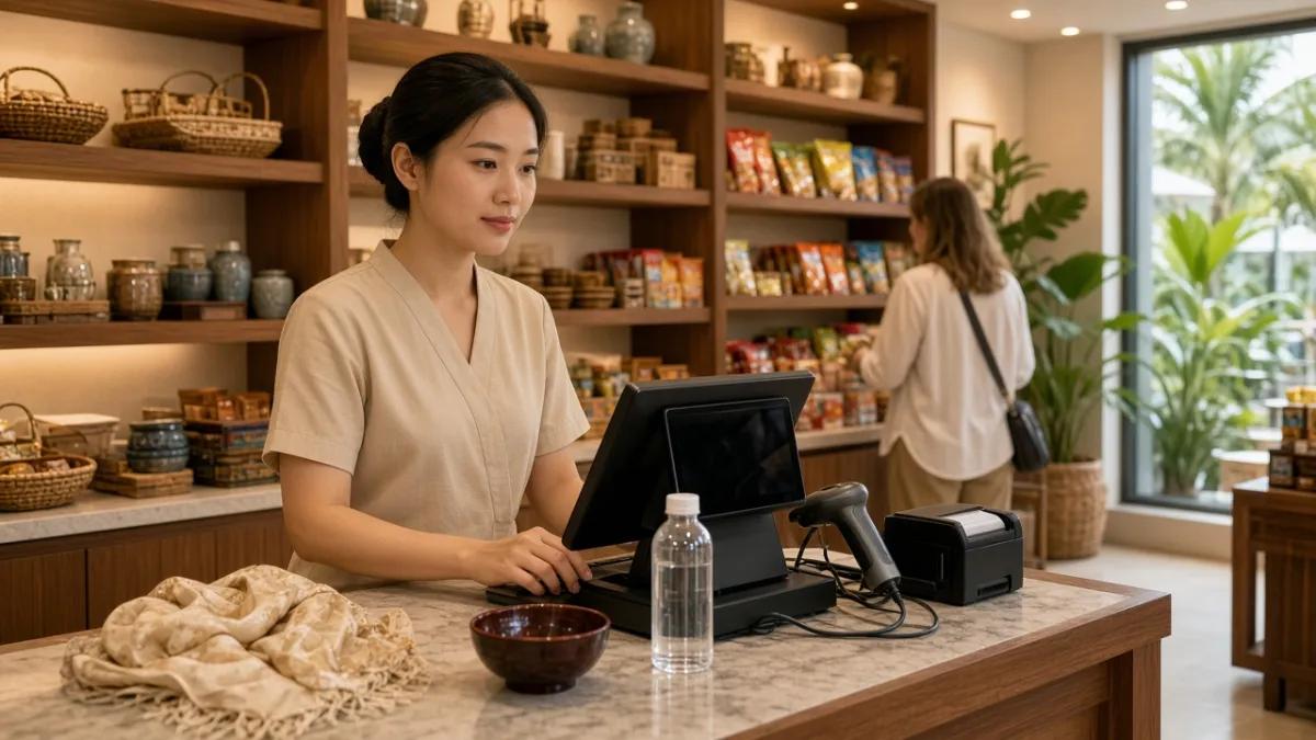 Nhân viên quầy cửa hàng quà lưu niệm khách sạn vận hành máy POS và quét mã tại quầy bán hàng.