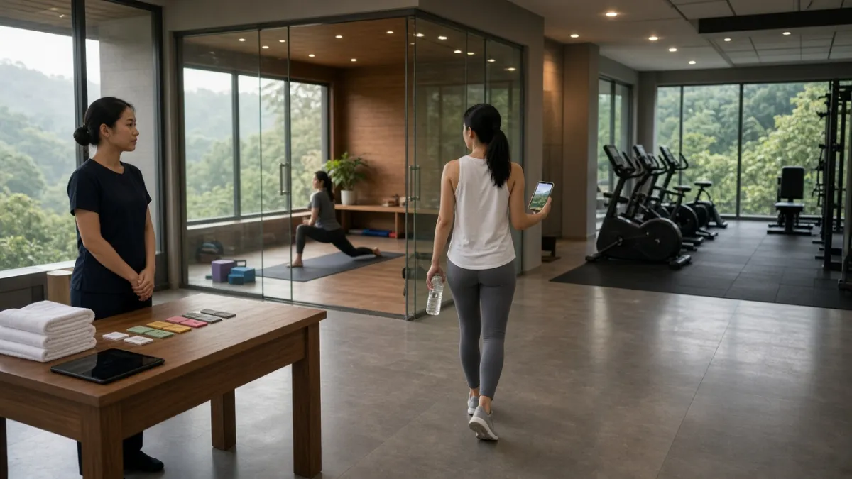 Khách vào phòng yoga qua quầy fitness khách sạn, khu gym và thiết bị tập được quản lý tập trung.