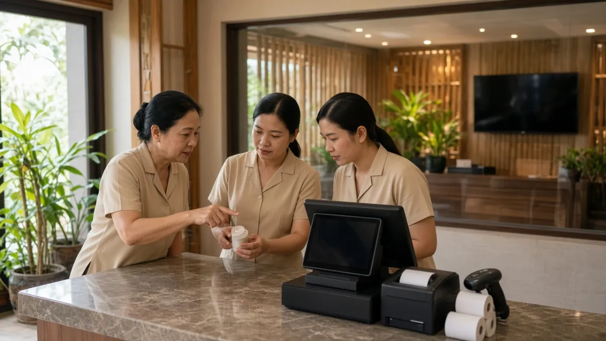 Nhân viên khách sạn được đào tạo sử dụng máy POS, máy in bill và scanner tại quầy spa.