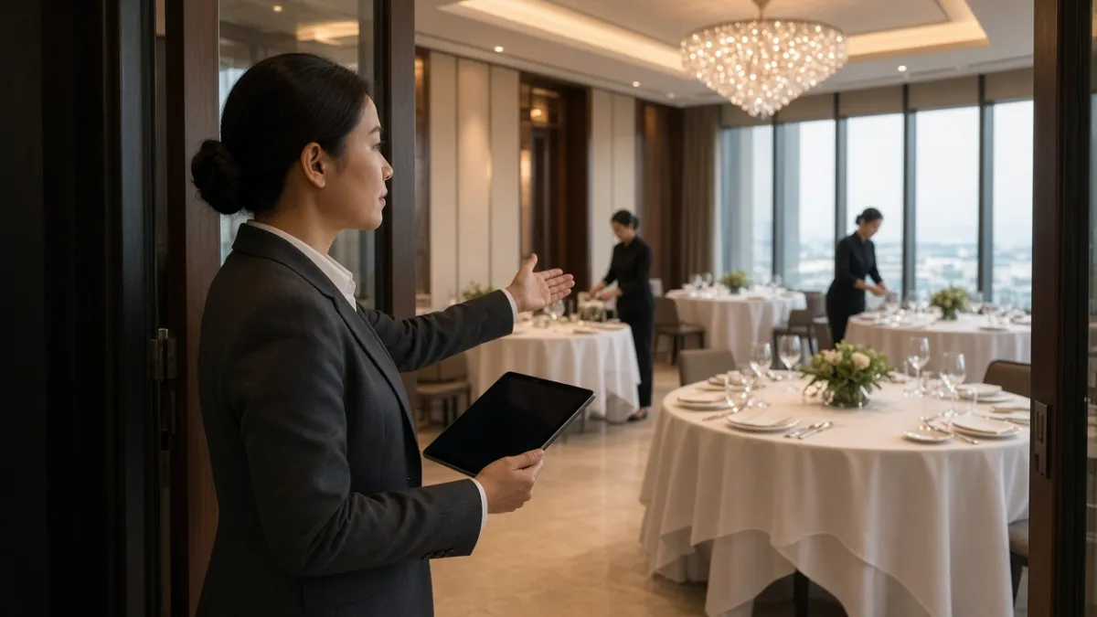Nhân viên khách sạn điều phối bố trí bàn tiệc trong sảnh lớn, cầm máy tính bảng khi đội ngũ chuẩn bị sự kiện F&B.