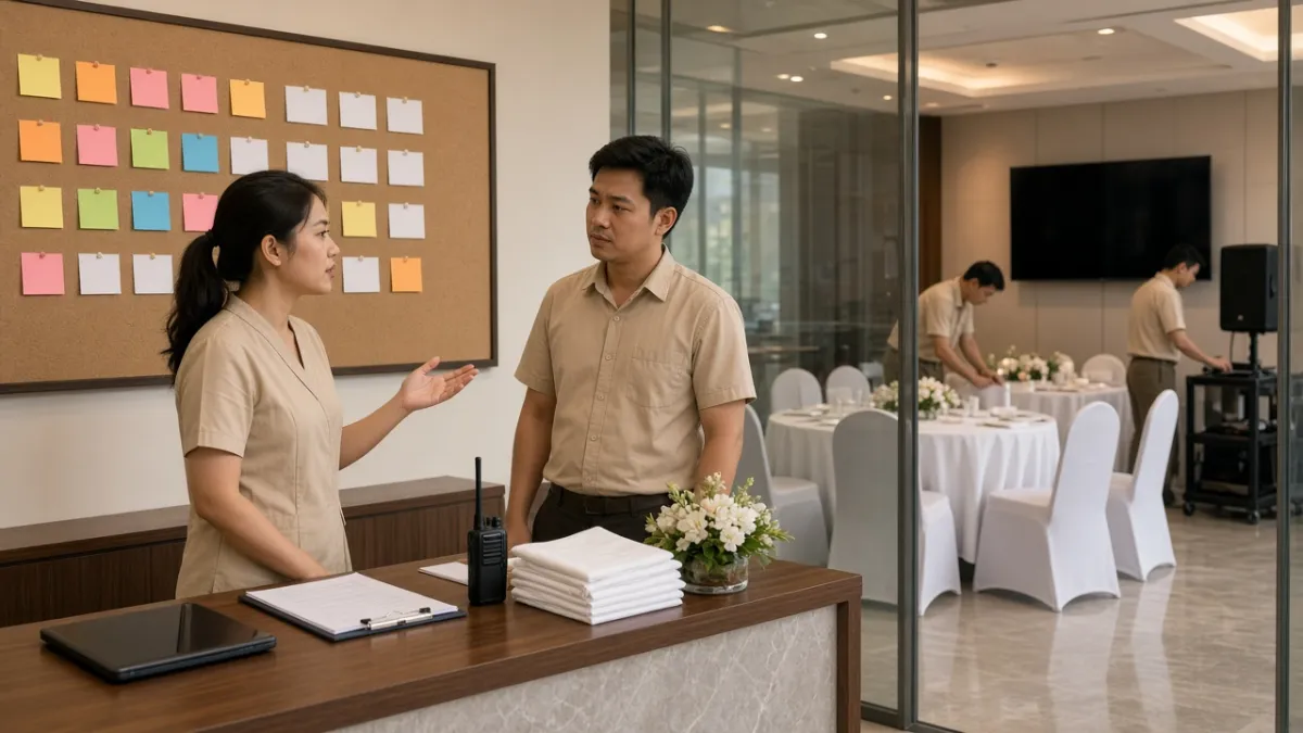 Nhân viên khách sạn phối hợp lập kế hoạch đặt tiệc, hội họp nội bộ và bố trí phòng sự kiện trong khách sạn.