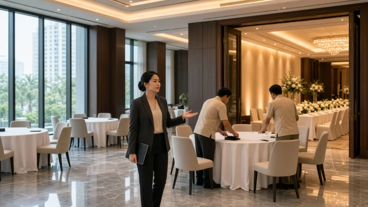 Nhân viên sự kiện khách sạn Đà Nẵng điều phối bố trí hội nghị và tiệc cưới song song trong cùng khu vực.