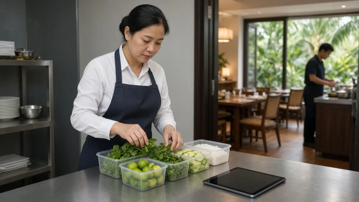 Nhân viên F&B khách sạn kiểm tra nguyên liệu tại bếp, máy tính bảng đặt cạnh quầy chuẩn bị món.