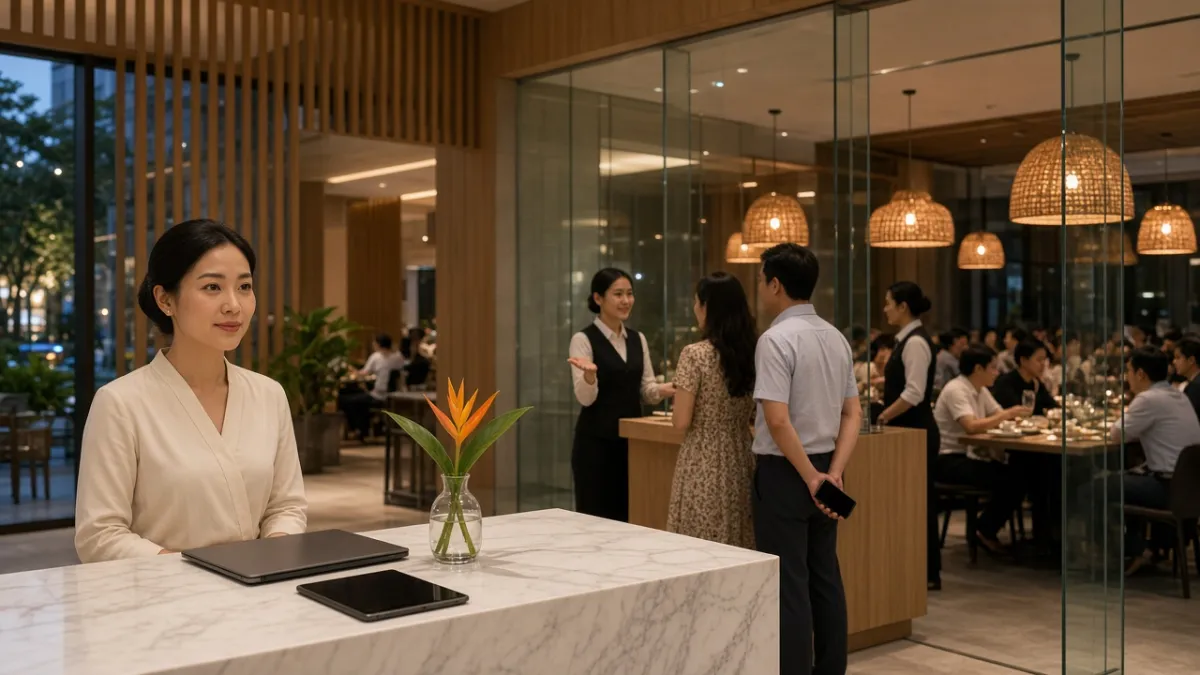 Nhân viên lễ tân khách sạn bình tĩnh tại quầy trong giờ cao điểm, nhà hàng phía sau đón khách đặt bàn trực tuyến.