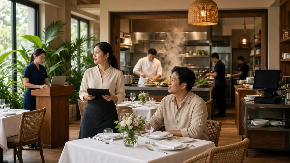 Nhân viên nhà hàng khách sạn Đà Nẵng phối hợp gọi món, tiếp đón và bếp mở trong giờ phục vụ trưa.