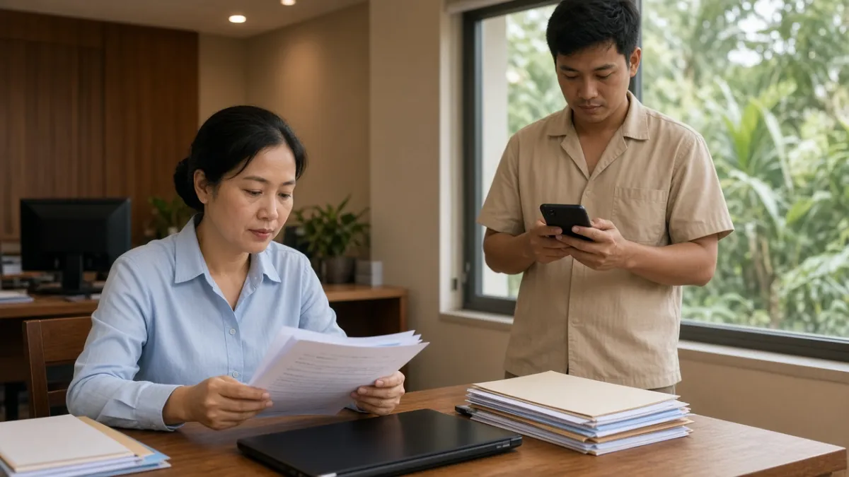 Nhân viên khách sạn chấm công bằng điện thoại tại văn phòng HR, minh họa quản lý nhân sự BravoHR.