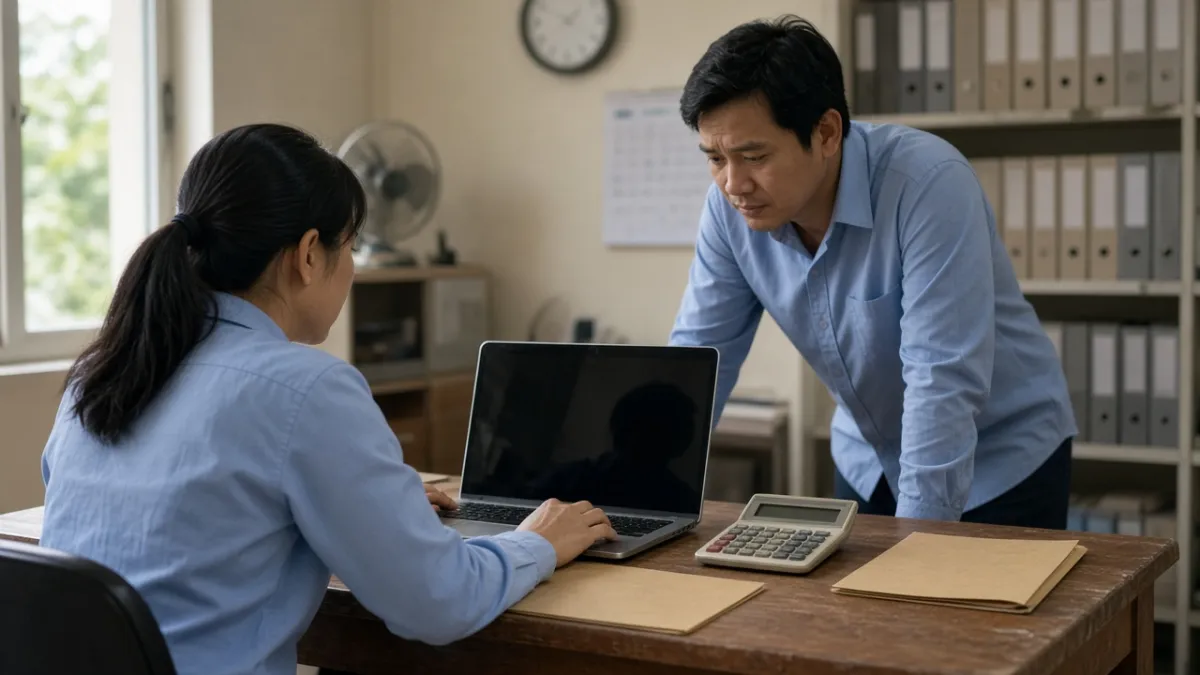 Hai nhân viên hành chính khách sạn bàn bạc trước laptop tắt màn hình, thể hiện lo ngại chi phí và rào cản ngôn ngữ.