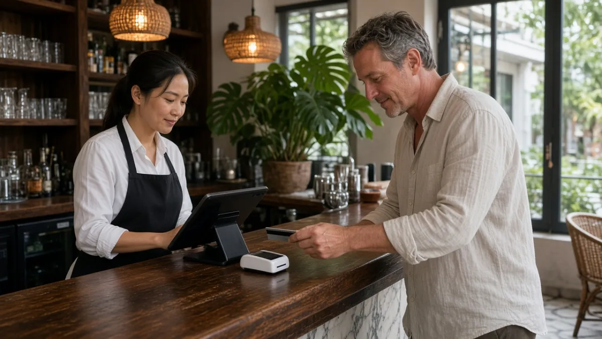 Nhân viên quầy bar khách sạn boutique Đà Nẵng dùng máy tính bảng thanh toán di động cho khách quốc tế.