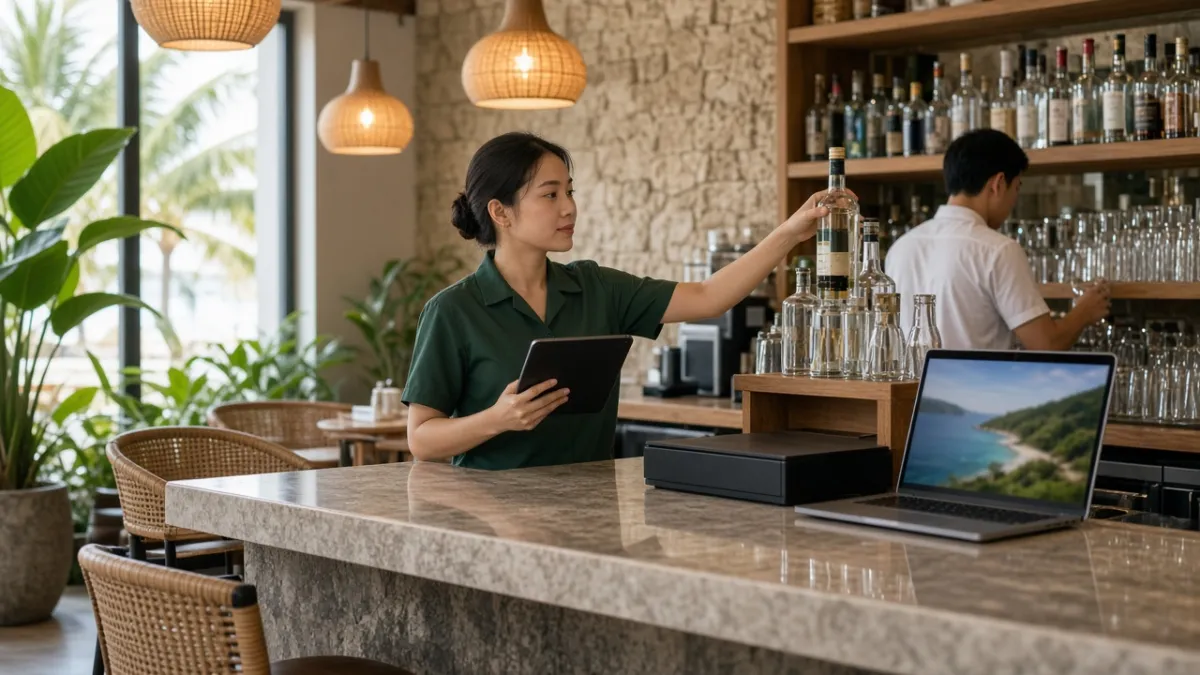 Nhân viên quầy bar khách sạn Đà Nẵng dùng máy tính bảng và laptop quản lý bán hàng, kho đồ uống phía sau.