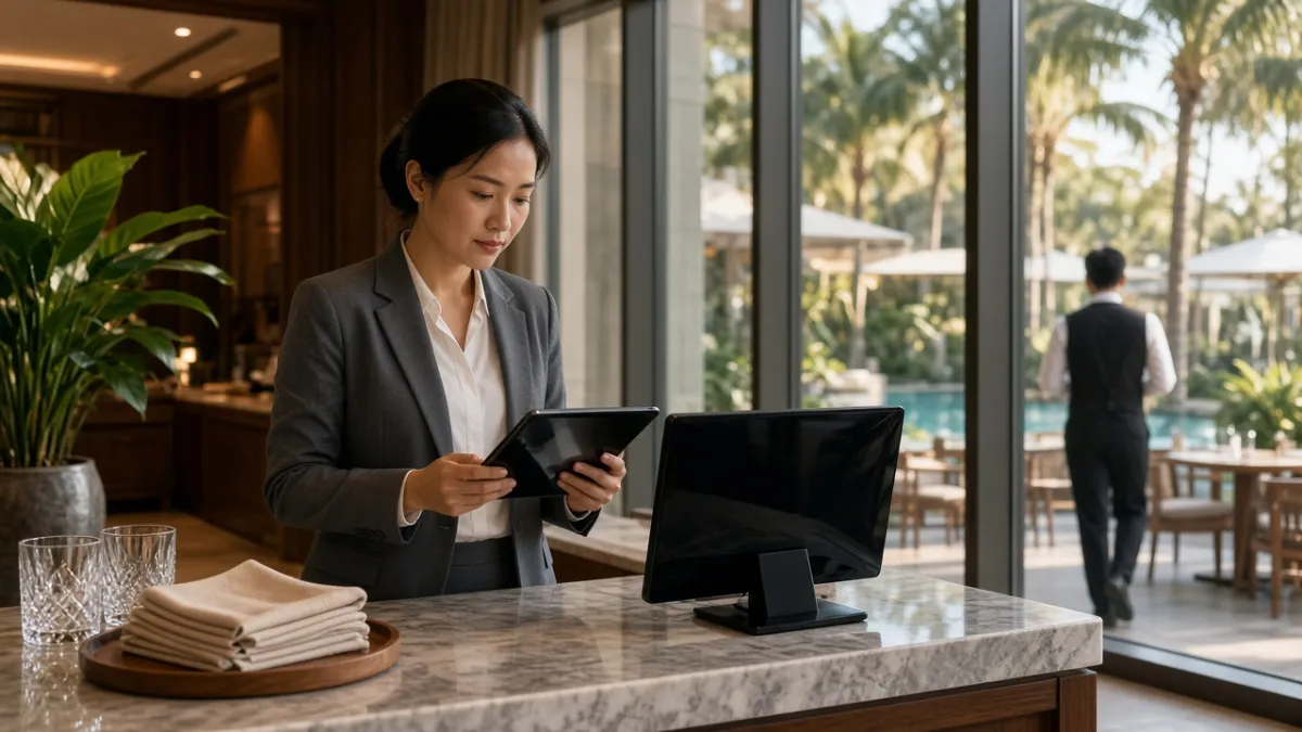 Quản lý F&B resort 5 sao dùng tablet POS tại quầy marble, điều phối nhiều điểm bán qua cửa kính.