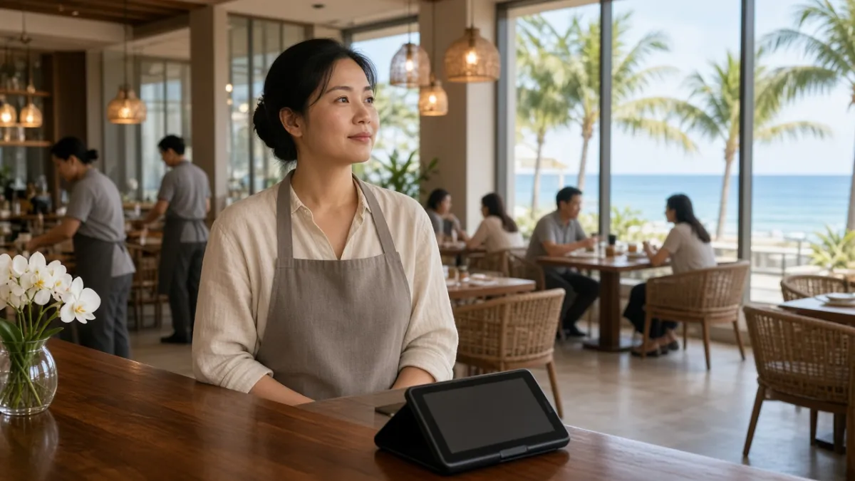 Quản lý F&B khách sạn ven biển đứng tại quầy phục vụ với máy POS, phản ánh vận hành thanh toán hiệu quả.