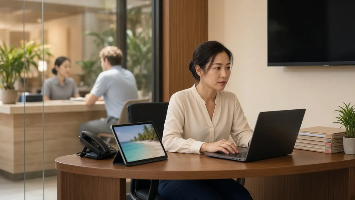 Nhân viên vận hành khách sạn Việt Nam làm việc tại bàn với nhiều thiết bị, điều phối quy trình tự động hóa đặt phòng.