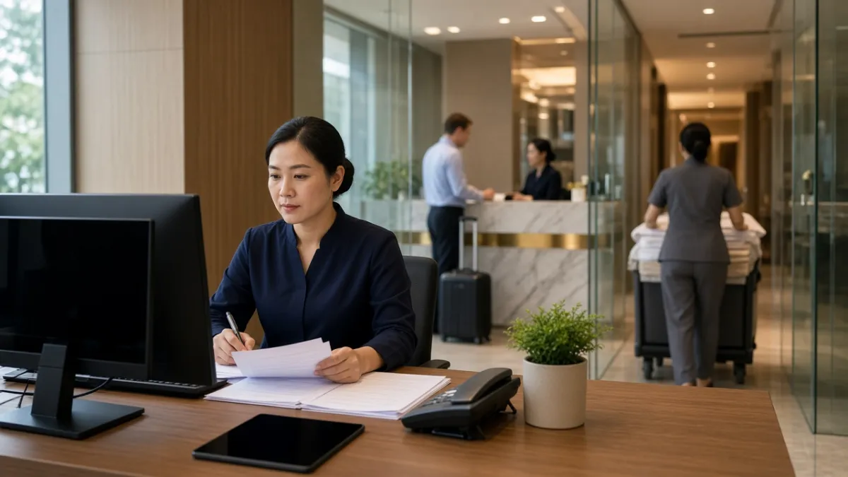 Nhân viên điều phối tại bàn làm việc khách sạn, phía sau lễ tân phục vụ khách và buồng phòng vận chuyển đồ.