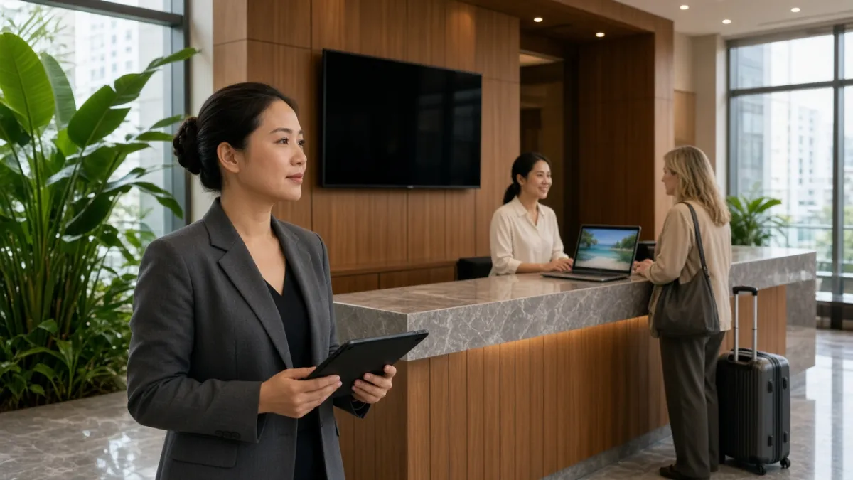 Quản lý khách sạn Việt Nam theo dõi lễ tân vận hành trơn tru trong sảnh hiện đại, thể hiện chuyển đổi số.