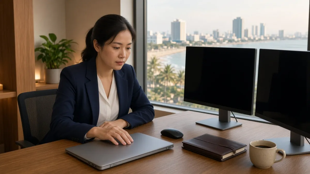 Nữ chuyên viên doanh thu khách sạn làm việc tại bàn với màn hình tắt, cửa sổ nhìn ra biển và khách sạn ven biển.
