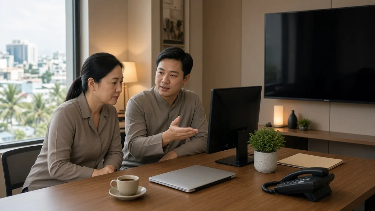 Đội ngũ khách sạn Việt Nam cân nhắc đầu tư phần mềm phân tích đối thủ và đào tạo nhân viên tại văn phòng.