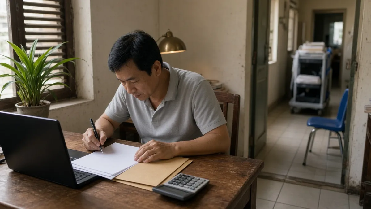 Chủ khách sạn ngồi tại bàn làm việc, xem xét hồ sơ và tính toán hiệu quả đầu tư, tỷ suất sinh lời.