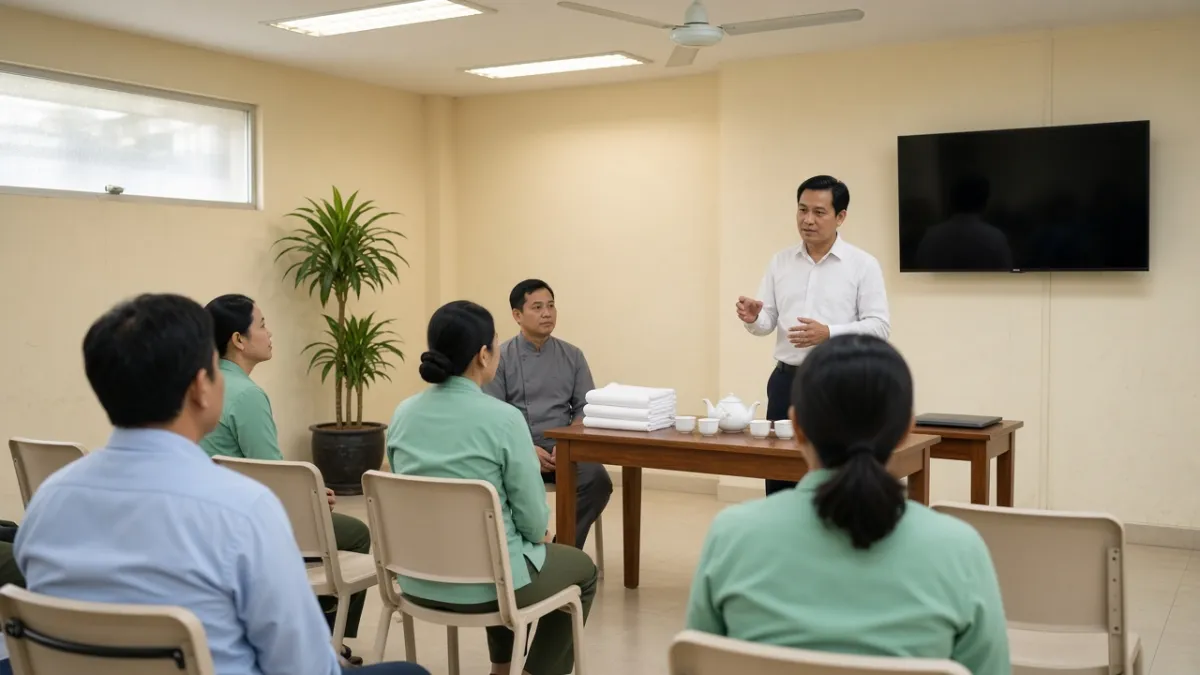 Cán bộ đào tạo trình bày tiêu chuẩn phục vụ cho nhân viên mới trong phòng học nội bộ của khách sạn.