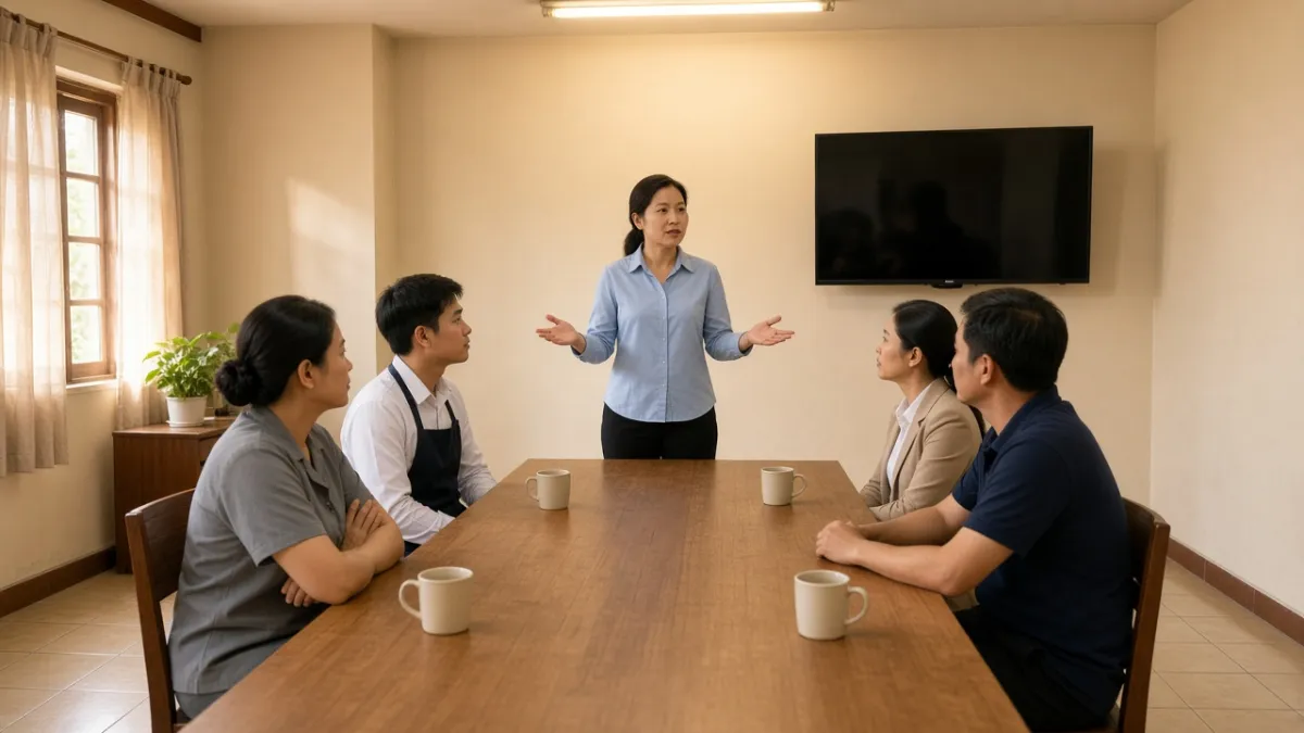 Nhân viên phòng HR đang trao đổi với đại diện buồng phòng, F&B, kinh doanh và kỹ thuật trong phòng họp nội bộ khách sạn.