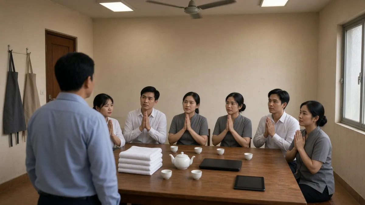 Đội ngũ khách sạn luyện thao tác chào đón khách trong buổi đào tạo nội bộ do nhân sự hướng dẫn.
