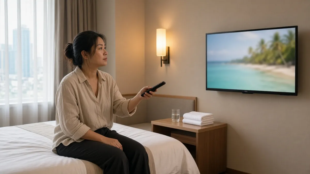 Khách dùng remote điều khiển TV trong phòng khách sạn hiện đại tại Việt Nam để truy cập dịch vụ IPTV.