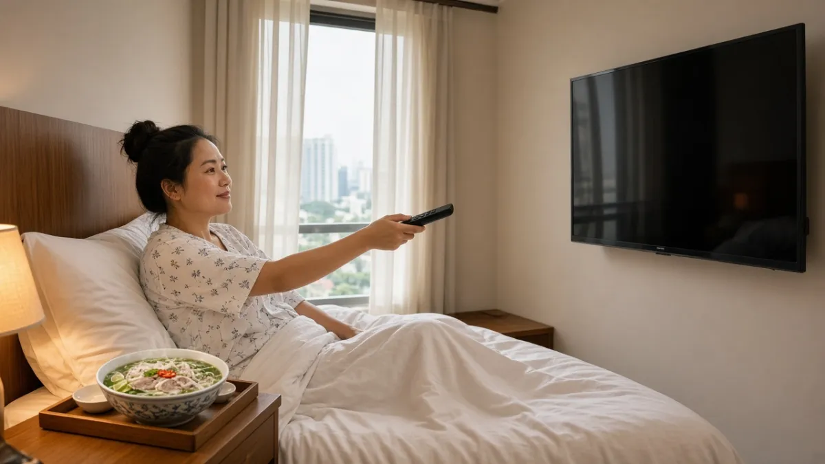 Khách nằm trên giường cầm remote điều khiển TV tường, bên cạnh có tô phở thật — thiết kế portal đơn giản từ xa.