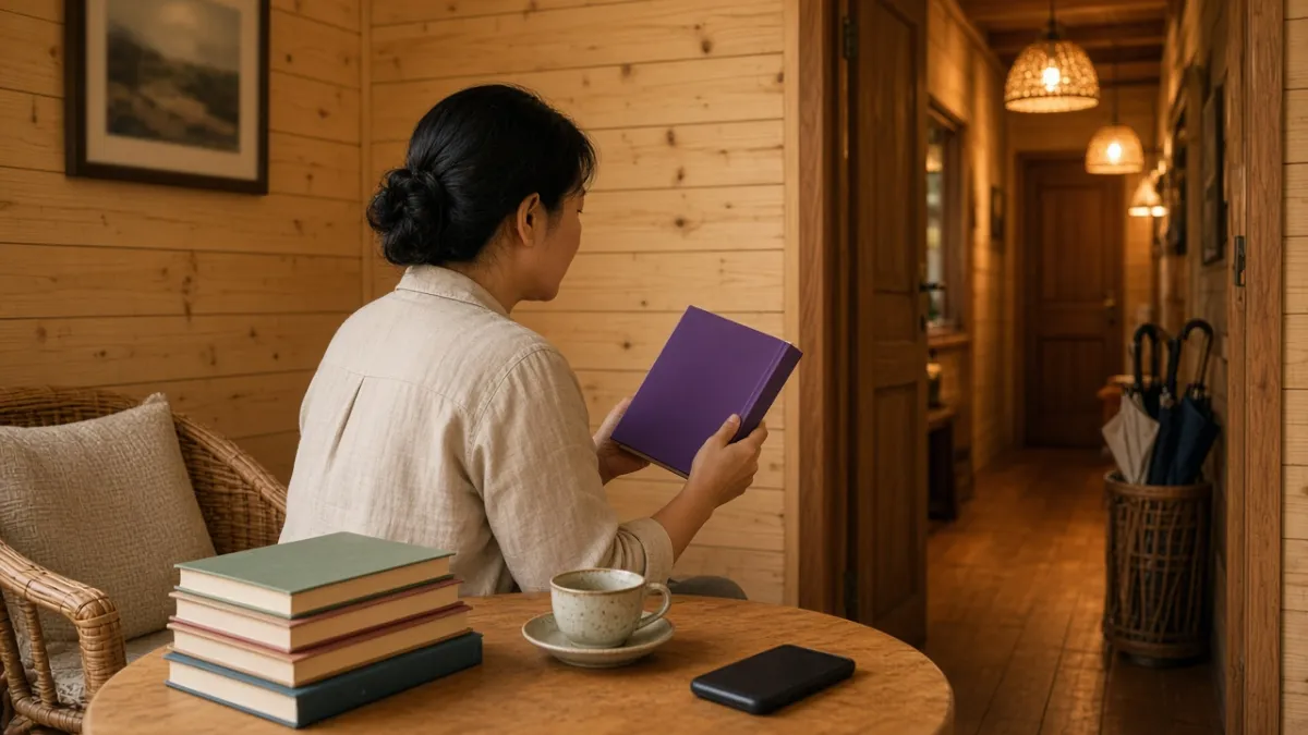 Người phụ nữ đọc sách bìa tím trong góc thư viện homestay gỗ ấm, tự học chiến lược định vị thương hiệu khách sạn.
