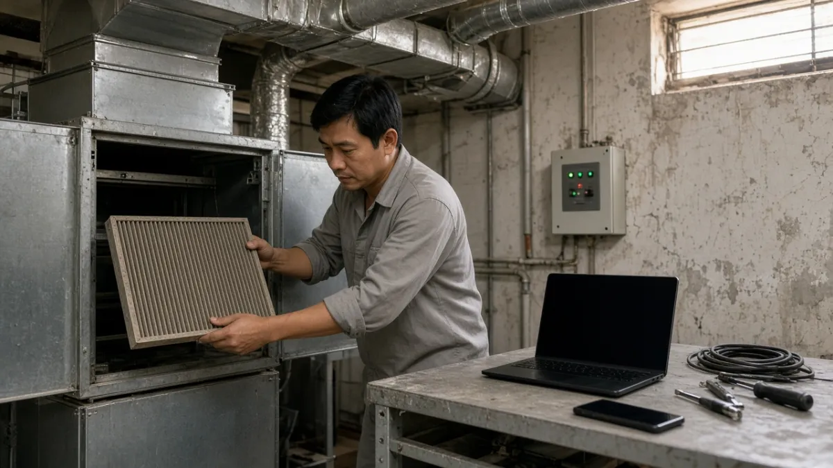 Kỹ thuật khách sạn kiểm tra, thay lọc khí tại phòng máy thông gió, laptop và điện thoại đặt cạnh để nhận cảnh báo.