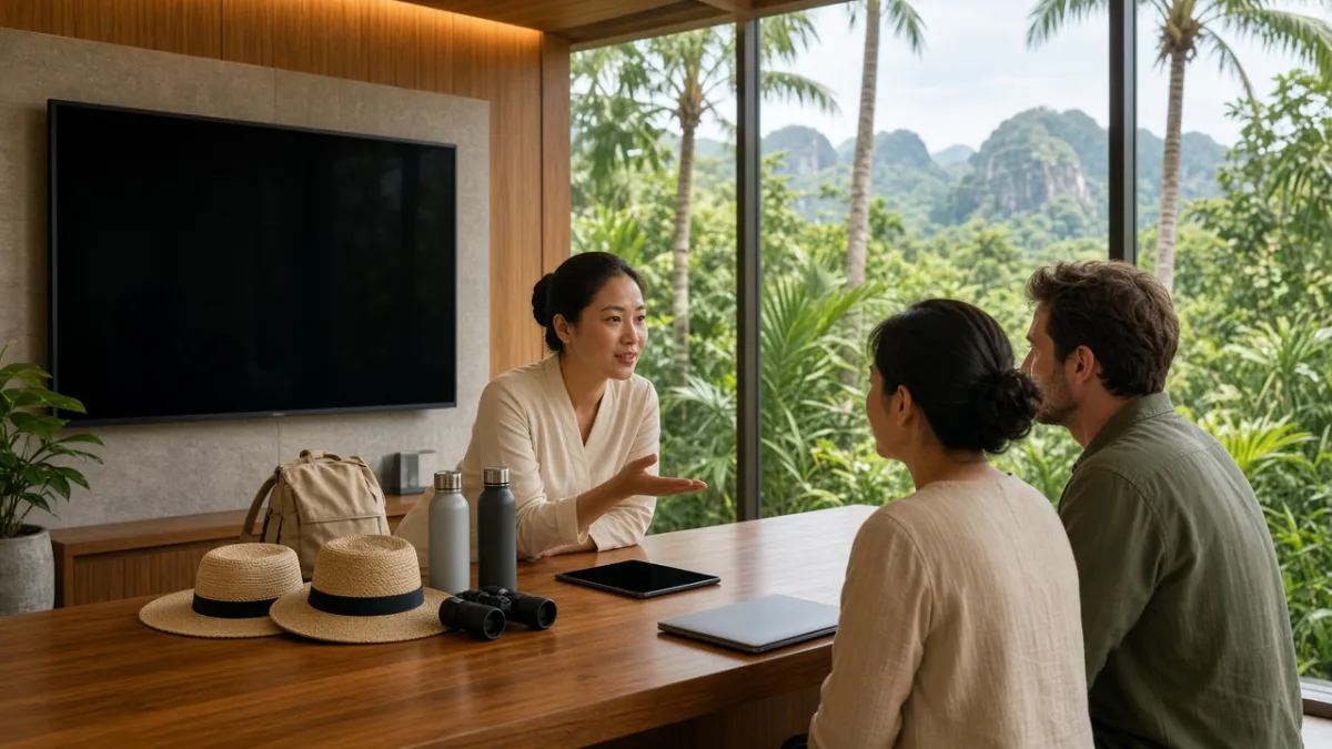 Nhân viên quầy tour khách sạn boutique Đà Nẵng tư vấn đặt tour và dịch vụ đi kèm cho khách.