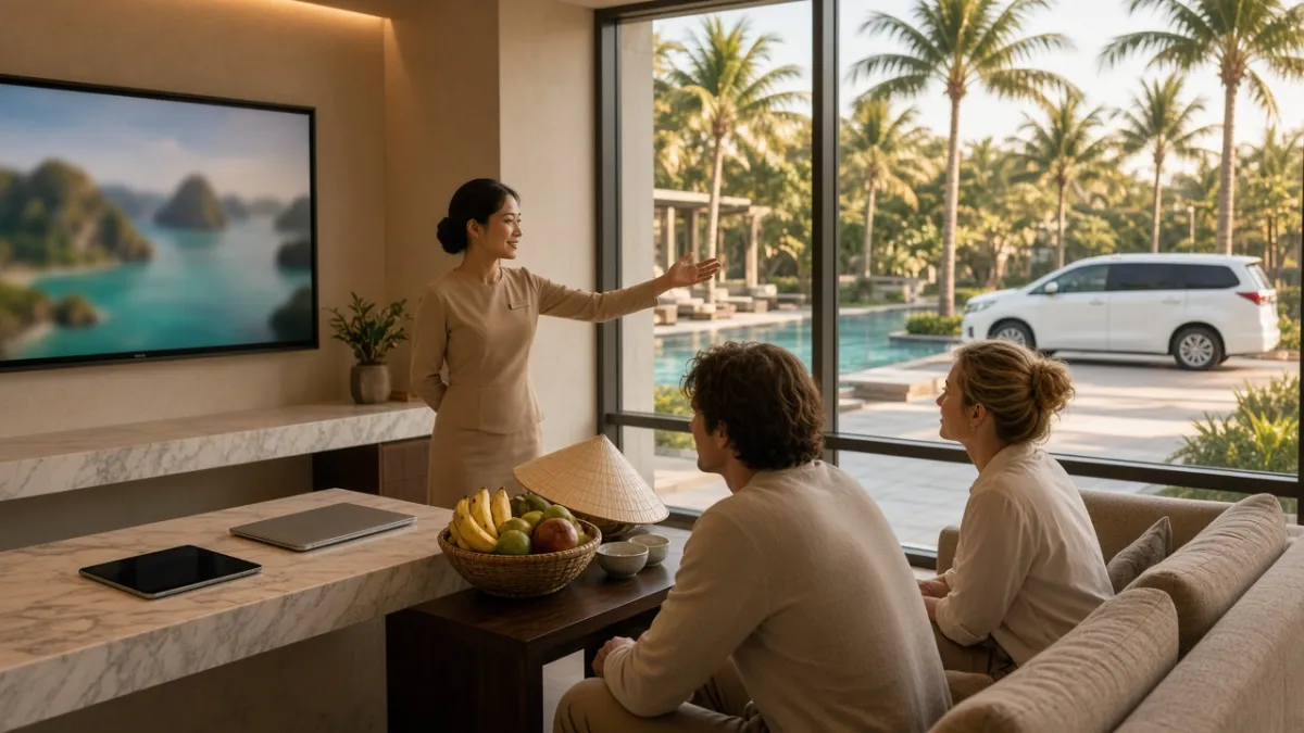 Lễ tân khách sạn tư vấn tour trải nghiệm địa phương cho du khách quốc tế, xe đón chờ bên ngoài.