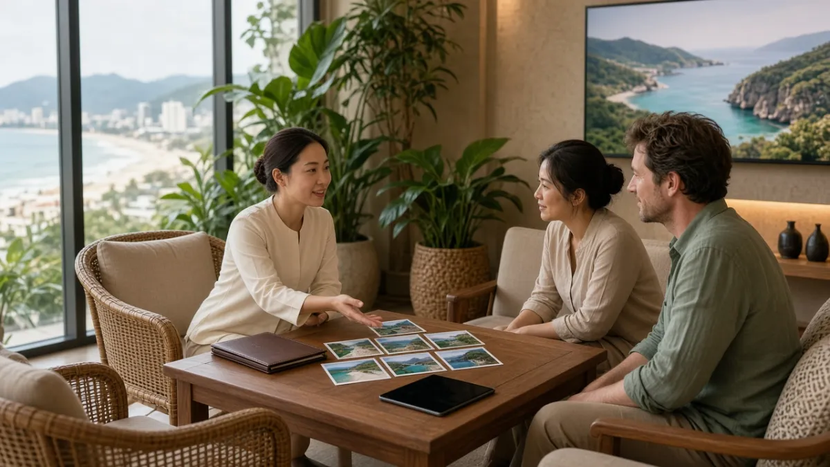 Nhân viên khách sạn tư vấn tour cho khách quốc tế tại lounge ven biển, minh họa trung tâm trải nghiệm du lịch.