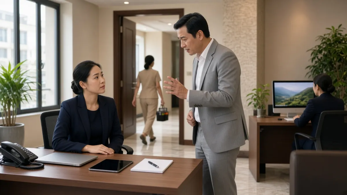 Nhân viên quản lý khách sạn thảo luận xử lý khiếu nại, trong khi nhân viên buồng phòng được điều phối đi giải quyết.