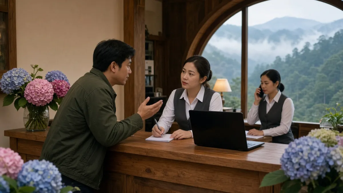 Lễ tân khách sạn mini Đà Lạt lắng nghe và ghi nhận góp ý của khách tại quầy trong mùa lễ cao điểm.