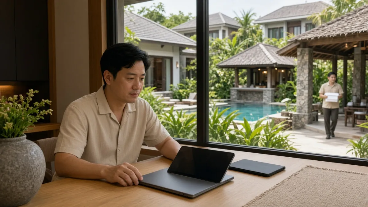 Quản lý resort Đà Nẵng theo dõi chất lượng dịch vụ tại phòng vận hành, nhìn ra khu villa và lễ tân.
