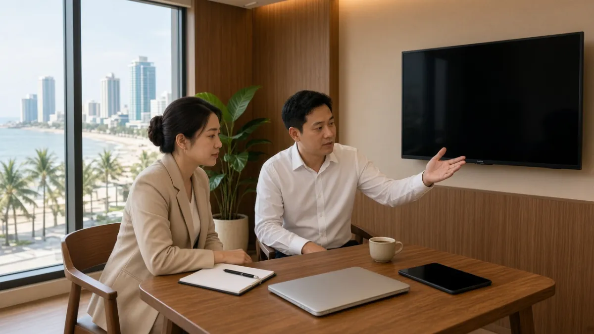 Nhân viên khách sạn Đà Nẵng thảo luận demo miễn phí giải pháp quản lý khiếu nại và trải nghiệm dịch vụ.