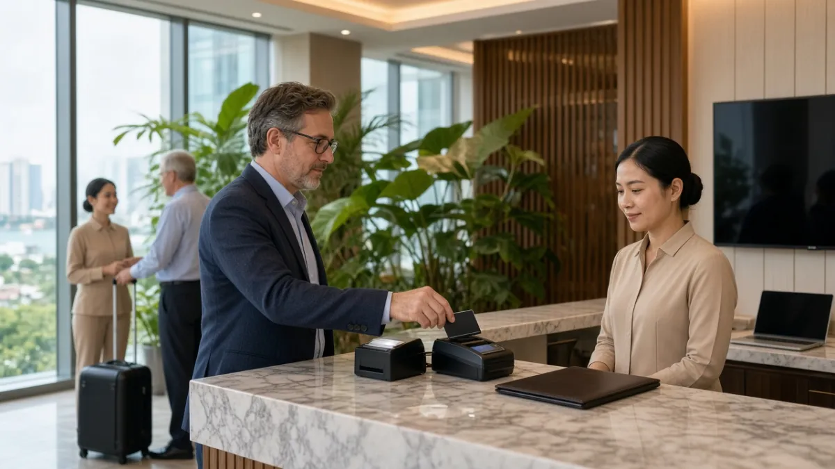 Khách quốc tế thanh toán thẻ tại quầy lễ tân khách sạn Việt Nam, quy trình hiện đại giúp tiết kiệm thời gian.
