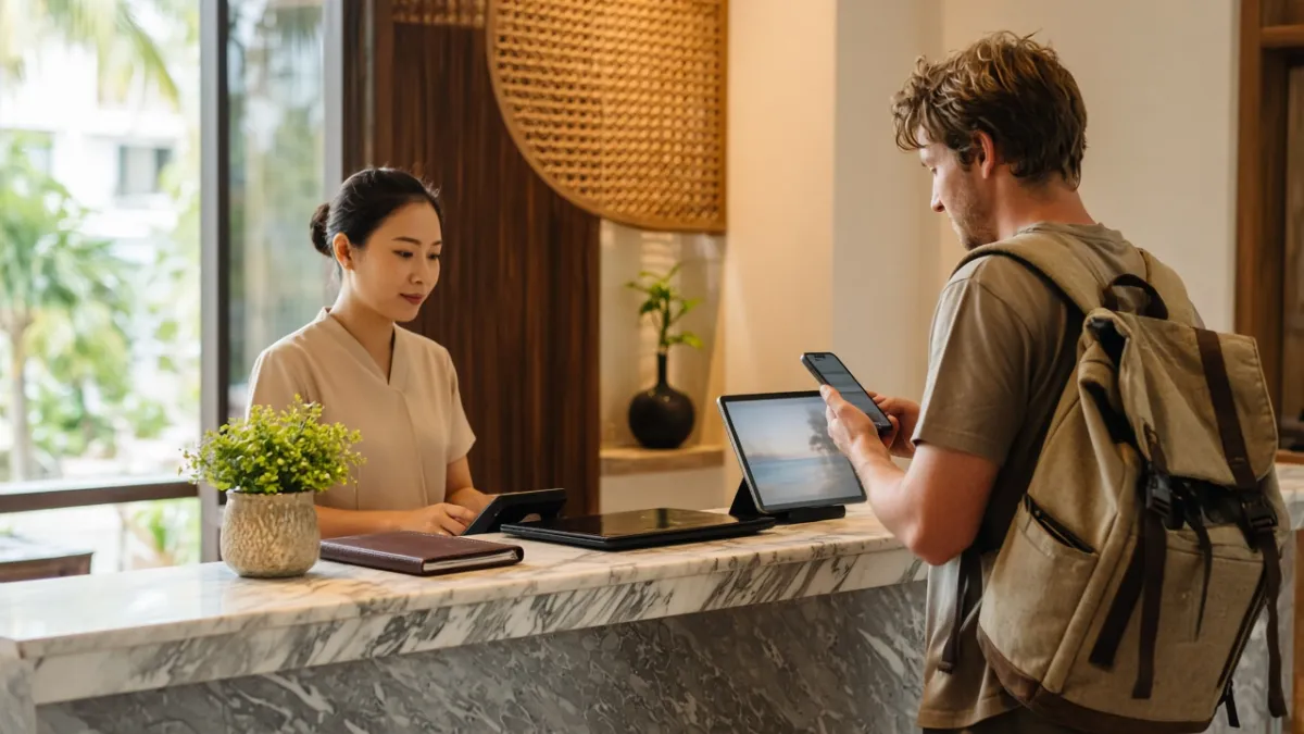 Lễ tân khách sạn boutique tại Đà Nẵng hỗ trợ khách quốc tế thanh toán điện tử qua điện thoại tại quầy check-in.