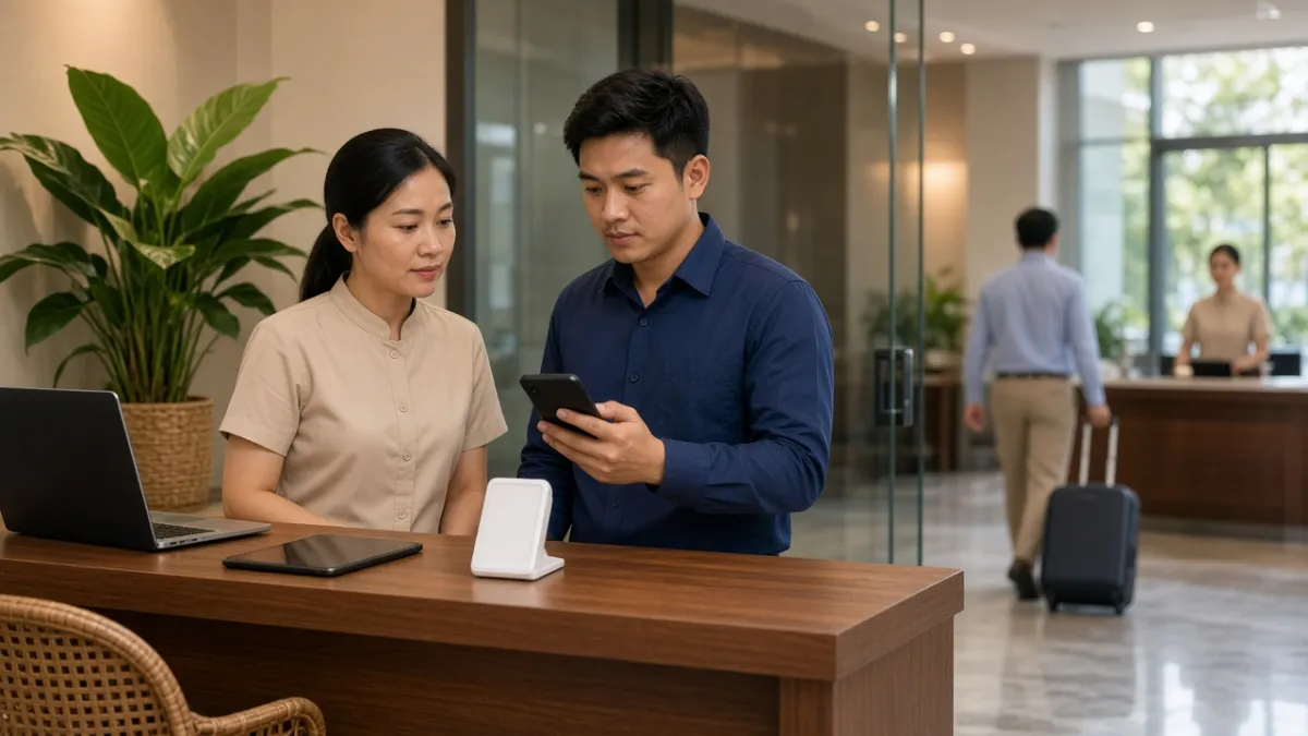 Nhân viên khách sạn Đà Nẵng phối hợp triển khai thanh toán điện tử qua máy tính, máy POS và điện thoại tại quầy lễ tân.