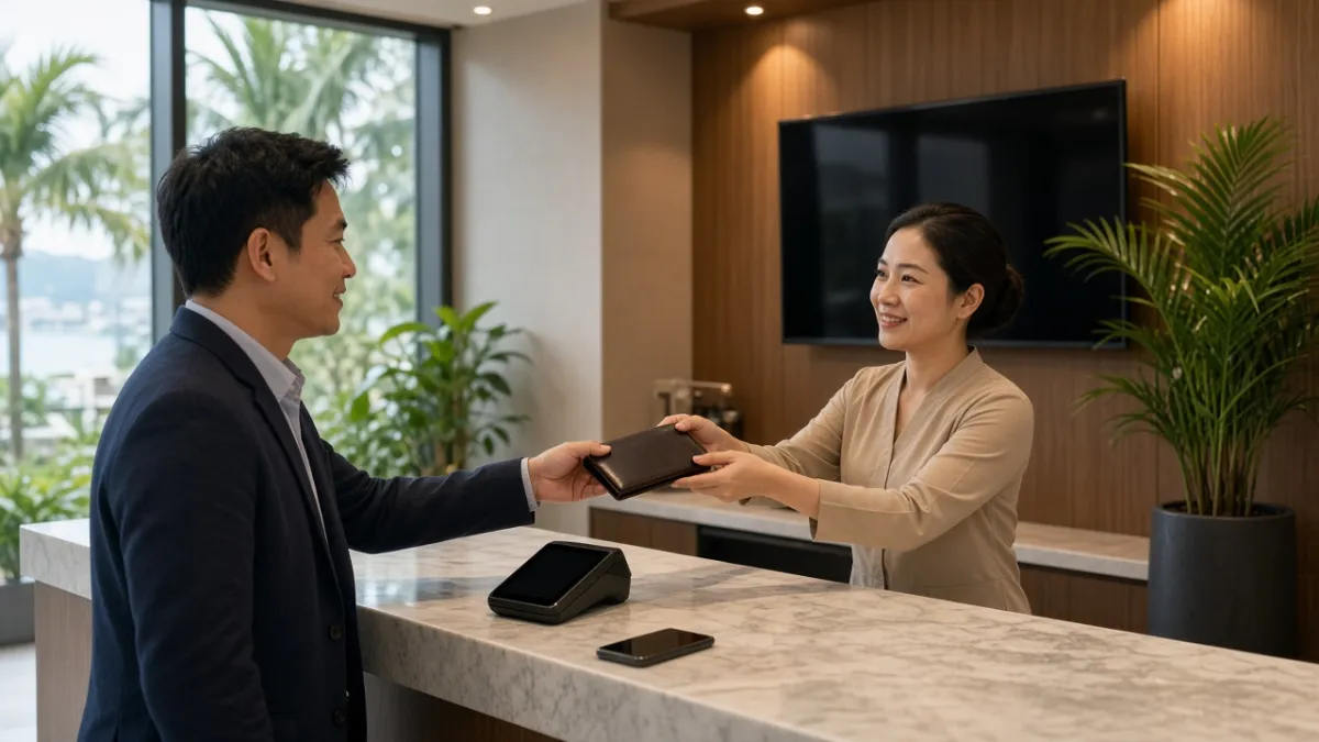 Khách hài lòng trả phòng tại quầy lễ tân khách sạn Đà Nẵng sau thanh toán điện tử nhanh, minh bạch và an toàn.