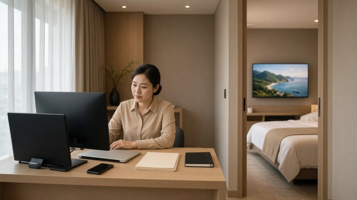 Nhân viên khách sạn làm việc với máy tính, TV treo tường phòng kế bên minh họa tích hợp IPTV, PMS, CRM.