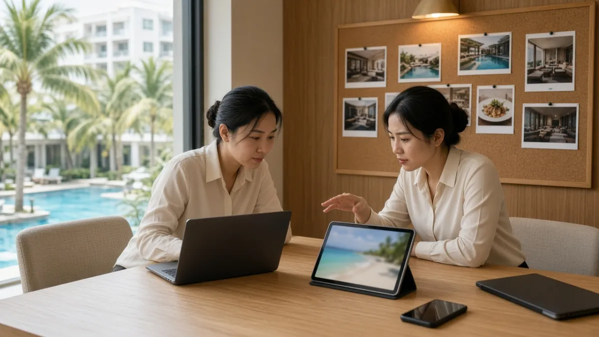 Đội ngũ truyền thông khách sạn phối hợp lên kế hoạch đăng bài đa kênh trên laptop và máy tính bảng.