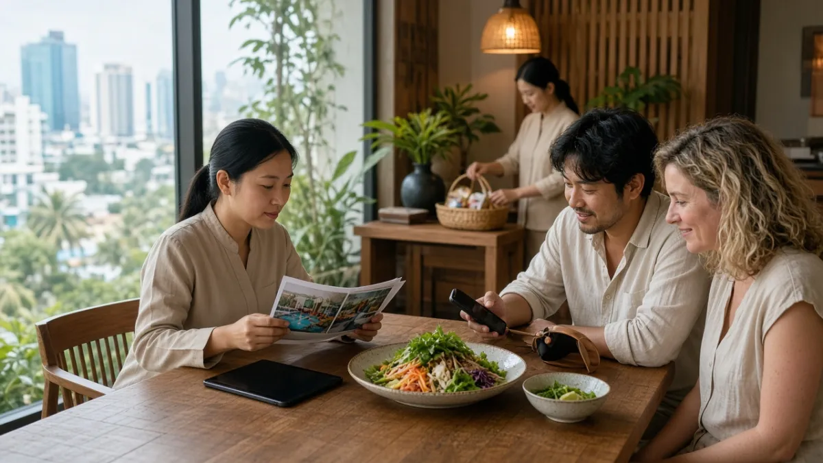 Nhân viên khách sạn ven biển giới thiệu ảnh trải nghiệm, món đặc sản và chuẩn bị quà tặng cho khách.