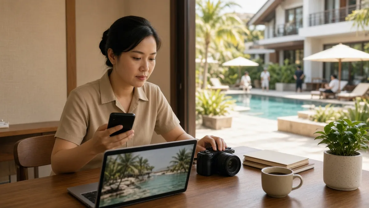 Nhân viên truyền thông khách sạn chuẩn bị nội dung mạng xã hội với máy ảnh, laptop trước cảnh resort biển.