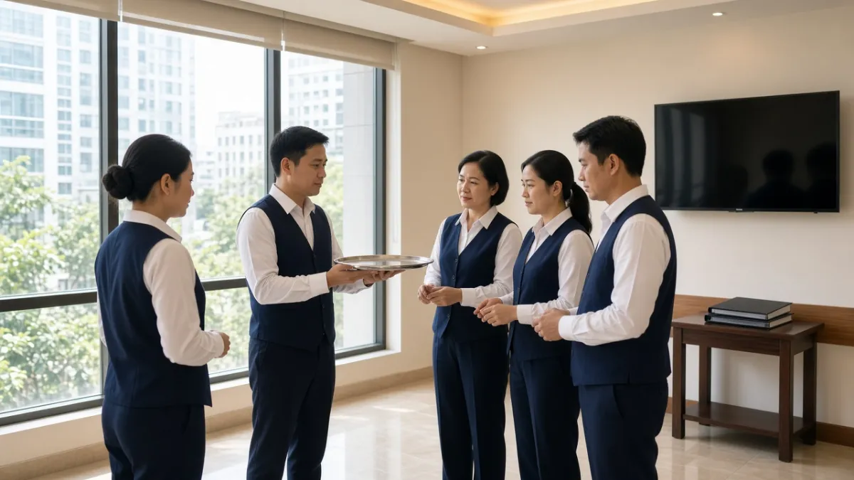 Huấn luyện viên khách sạn hướng dẫn nhân viên mới thực hành quy trình phục vụ chuẩn trong phòng đào tạo.