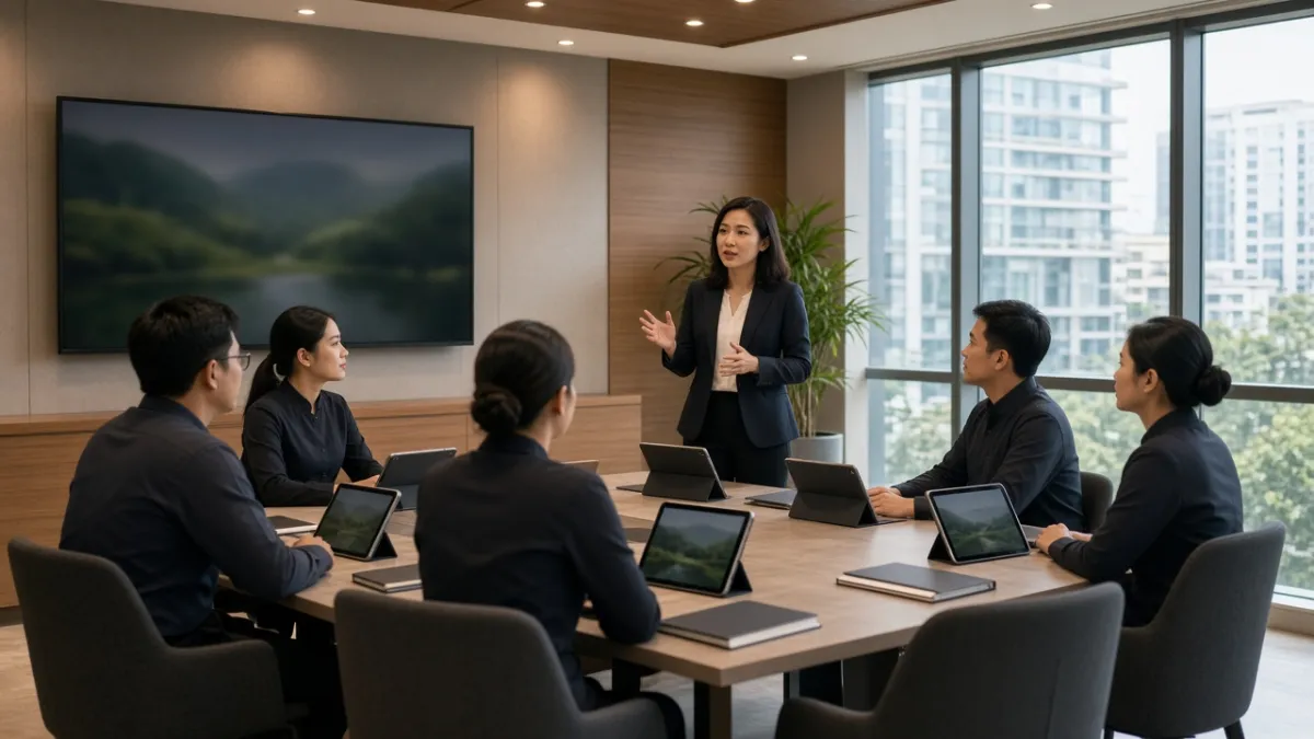 Nhân viên khách sạn Việt Nam tham gia buổi đào tạo SOP trong phòng họp nội bộ, dùng máy tính bảng theo dõi bài học.